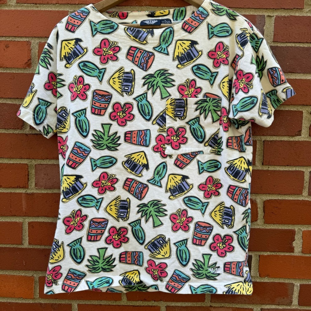 1990s Dockers tropical short sleeve shirt tiki huts, fish, palm trees, flowers M